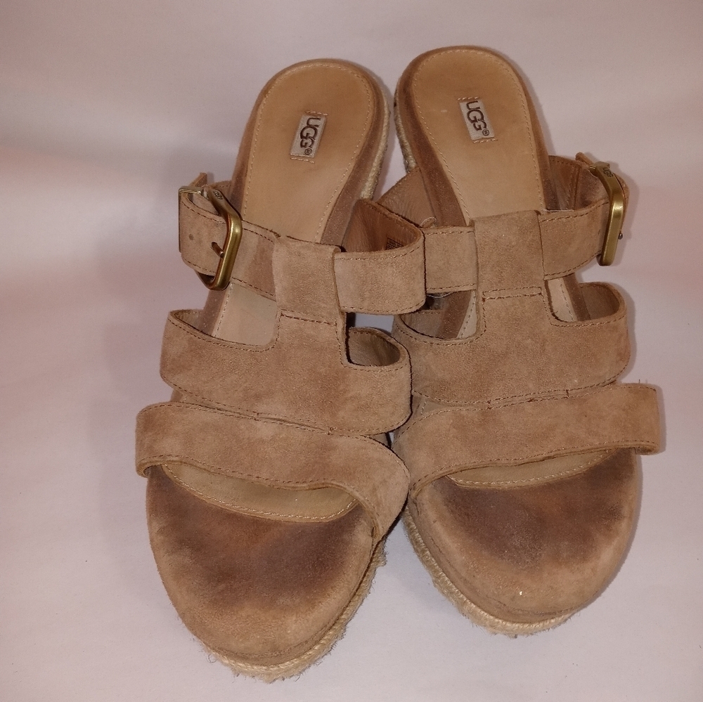 UGG AUATRALIA BEIGE LEATHER UPPER ESPADRILLE WEDGE PLATFORM T STRAP SANDAL 8.5